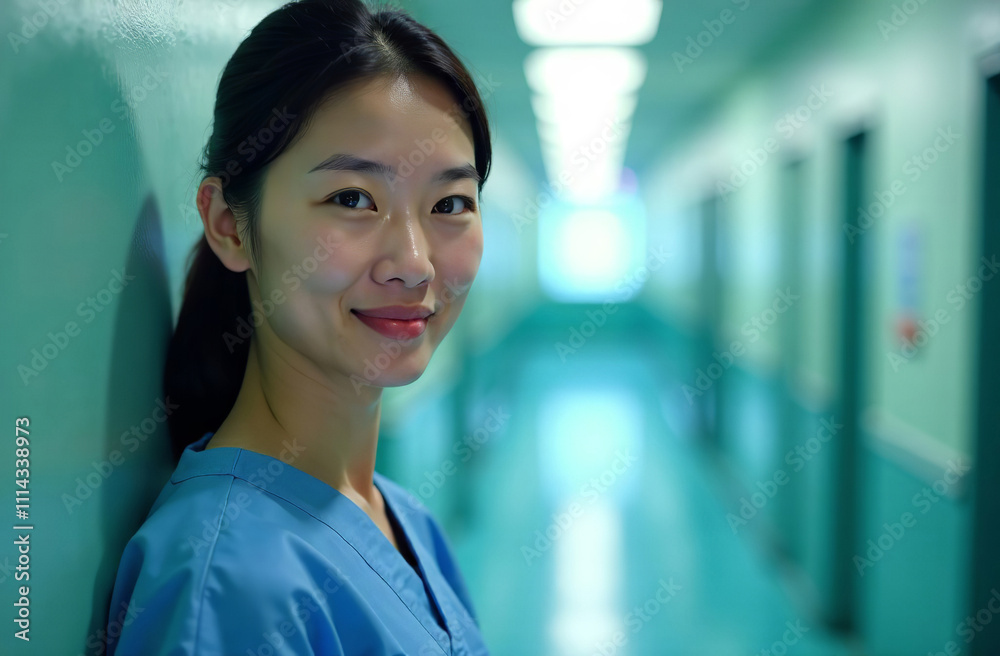 Fototapeta premium Portrait woman Doctor Background of corridor hallway in Hospital. AI-Generated
