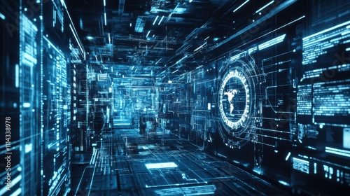 Futuristic digital corridor illuminated with neon lights and intricate data patterns