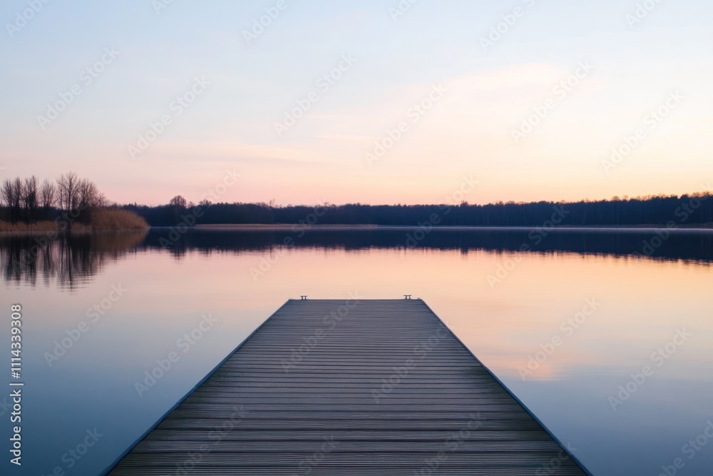 Fototapeta premium Serene Sunset Over Calm Lake With Wooden Dock