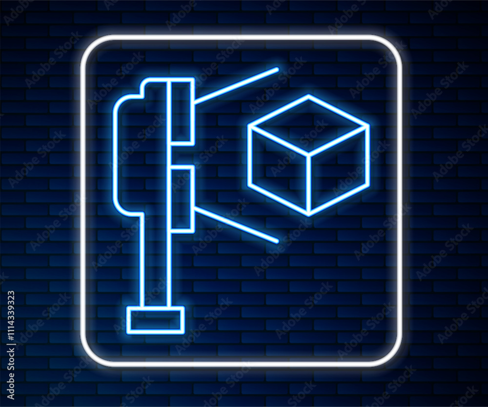 Glowing neon line 3D scanner with cube projection icon isolated on brick wall background. Vector Glowing neon line 3D scanner with cube projection icon isolated on brick wall background. Vector