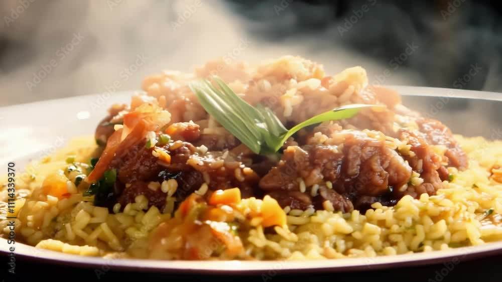 A delicious bowl of rice topped with a gourmet dish under soft lighting. Perfect for food, culinary, or gourmet lifestyle themes. A delicious bowl of rice topped with a gourmet dish under soft lighting. Perfect for food, culinary, or gourmet lifestyle themes.