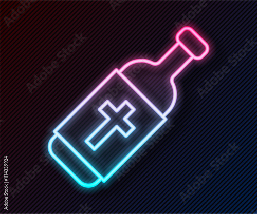 Glowing neon line Holy water bottle icon isolated on black background. Glass flask with magic liquid. Vector