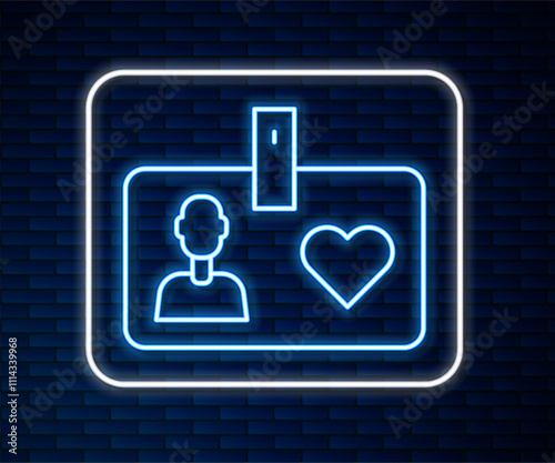 Glowing neon line Identification card volunteer icon isolated on brick wall background. Volunteer id card or badge. Vector