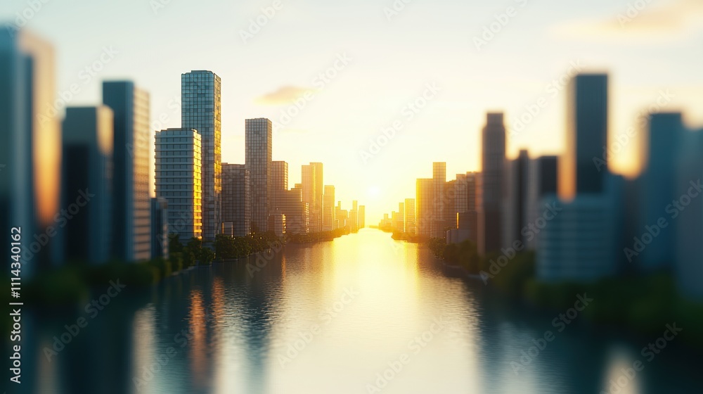 Fototapeta premium Golden River Flowing Through Futuristic Cityscape at Sunrise with Reflective Water Surface