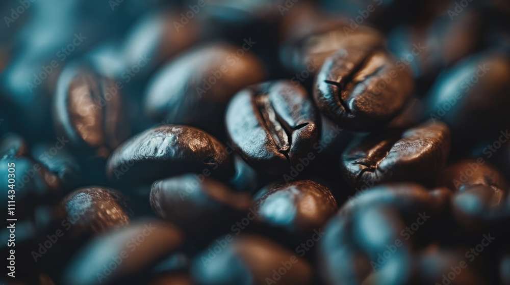 Obraz premium Macro close-up of coffee beans with fine details, capturing rustic textures and earthy hues