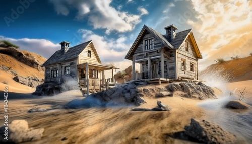 House constructed on the sand vs house constructed on a rock. Parable of the wise and foolish builders. Gospel of Matthew. Hearing Jesus' teachings and putting them into practice. Blue sky with sun