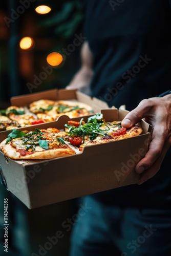 Person holding pizza with toppings