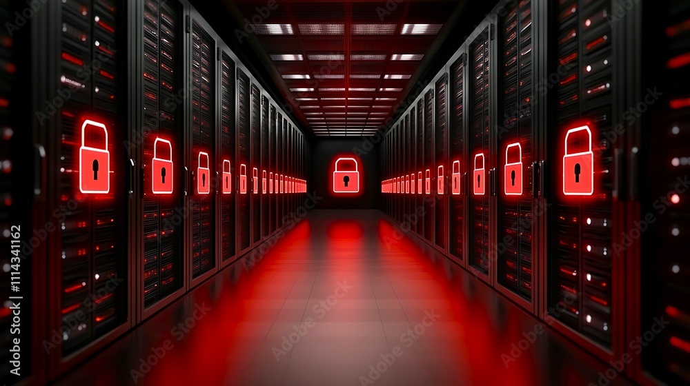 Fototapeta premium Anti-tracking security concept. A high-tech server room featuring rows of servers illuminated by red padlock symbols, emphasizing security and data protection.