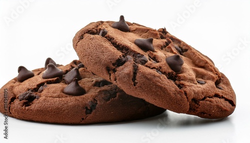 Freshly baked chocolate cookies with dark chocolate chips, isolated on a white background, perfect for food photography, bakery promotions, and recipe designs