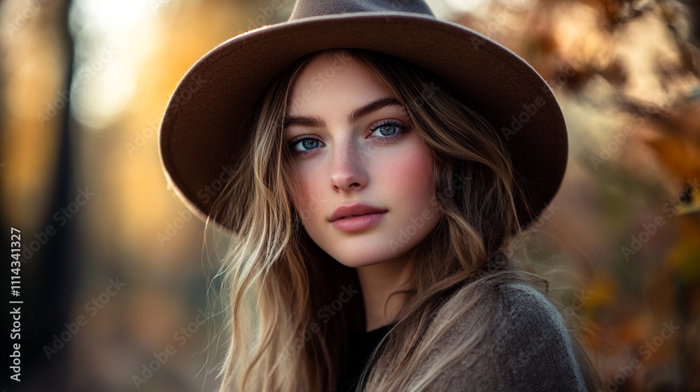 Young woman in a wide-brimmed hat enjoying autumn in a forested area with soft sunlight Young woman in a wide-brimmed hat enjoying autumn in a forested area with soft sunlight