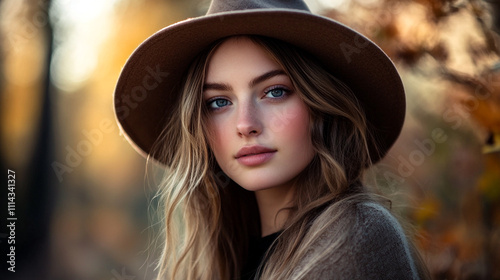 Young woman in a wide-brimmed hat enjoying autumn in a forested area with soft sunlight