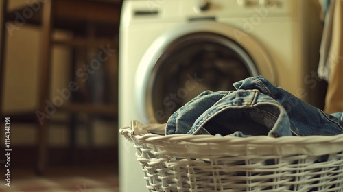 Laundry Day: A White Basket Filled with Blue Jeans, Beside a Washing Machine photo