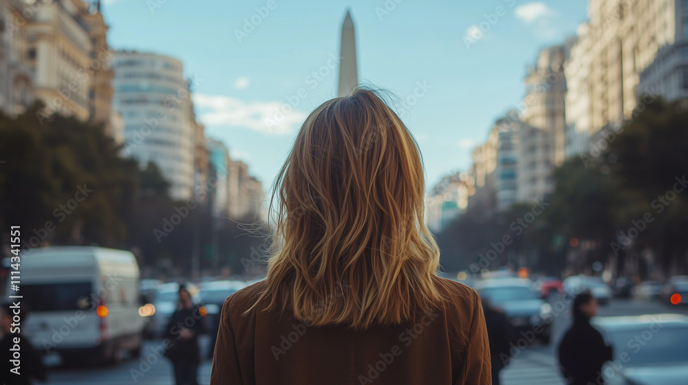 Young woman walking down the street in the city of Buenos Aires, looking at the iconic obelisk monument with golden hour.