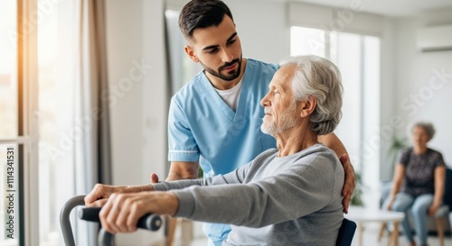 Caregiver Assisting Senior Man with Exercise Equipment