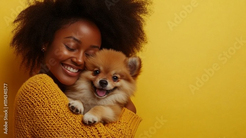 Woman in a cozy sweater embracing a fluffy Pomeranian puppy against a vibrant yellow backdrop, showcasing a heartwarming bond of joy, love, and happiness, perfect moment. photo