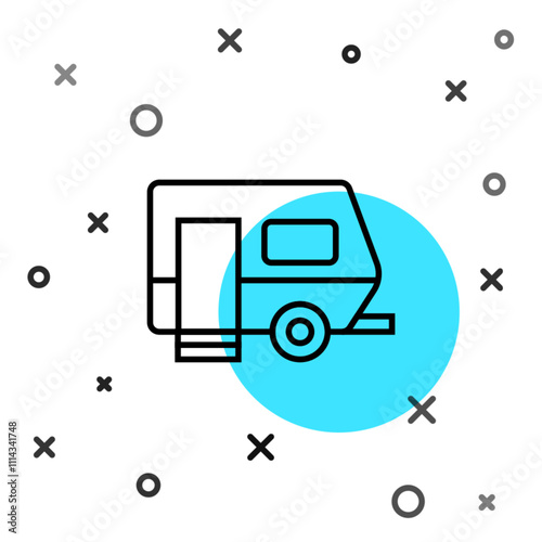 Black line Rv Camping trailer icon isolated on white background. Travel mobile home, caravan, home camper for travel. Random dynamic shapes. Vector