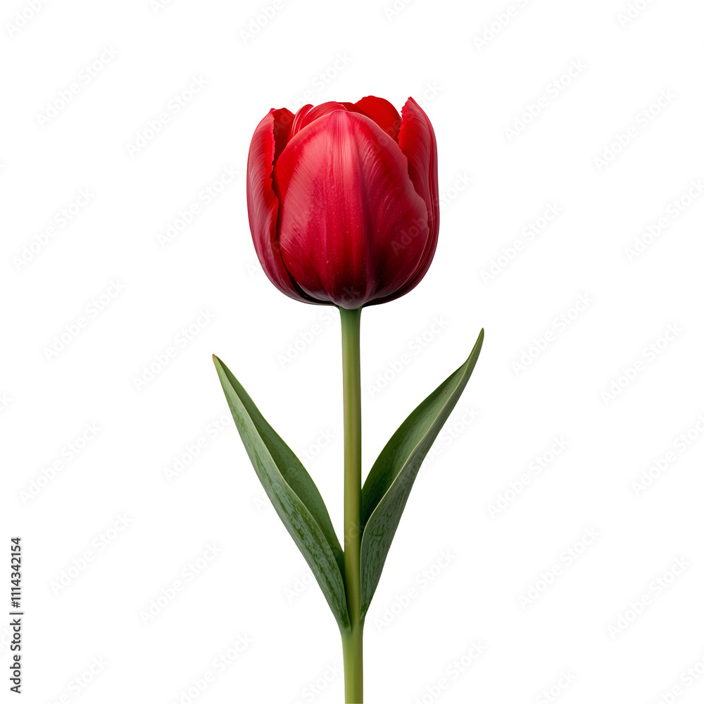 A vibrant red tulip flower with a long green stem isolated on a transparent background A vibrant red tulip flower with a long green stem isolated on a transparent background