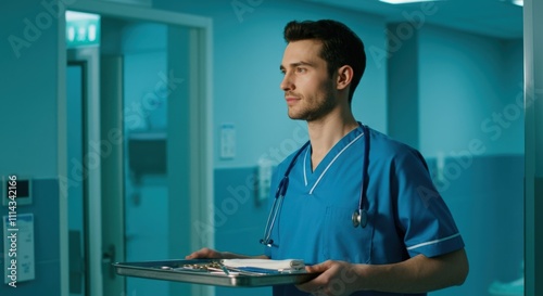 Confident Male Doctor Carrying Medical Tray in Hospital Corridor