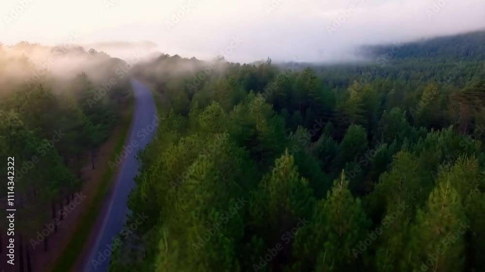 Dron view of pine forest with road and light fog, smooth looping video