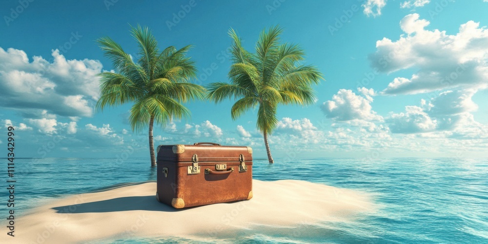 Obraz premium Vintage Suitcase on a Secluded Tropical Island Paradise: A Dream Vacation Escape