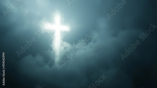 A glowing cross emerges through dark, stormy clouds, symbolizing hope and faith. photo