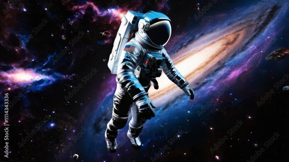 Astronaut in space with a beautiful galaxy background, in a smooth looping background with 4K video animation. Astronaut in space with a beautiful galaxy background, in a smooth looping background with 4K video animation.