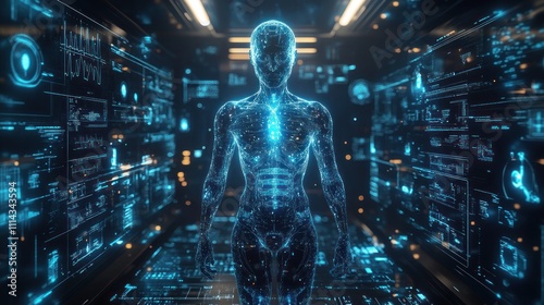 Futuristic digital female hologram in a high-tech environment, surrounded by data visualizations.