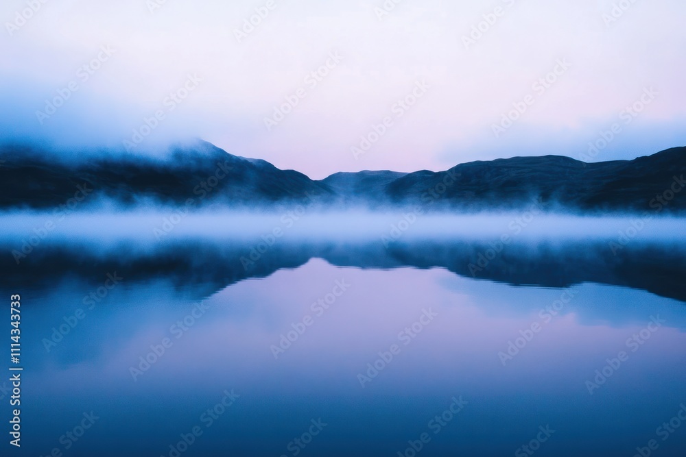 Fototapeta premium Serene Lake Mist Mountains Reflecting Dawn