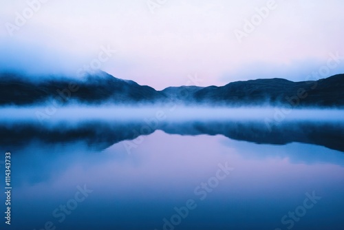 Serene Lake Mist Mountains Reflecting Dawn