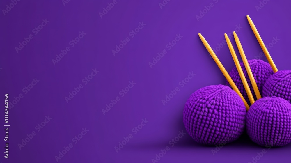 Purple background with a bunch of colorful yarn balls and knitting needles. The scene gives off a cozy and creative vibe, as if someone is in the middle of knitting a warm and colorful blanket Purple background with a bunch of colorful yarn balls and knitting needles. The scene gives off a cozy and creative vibe, as if someone is in the middle of knitting a warm and colorful blanket