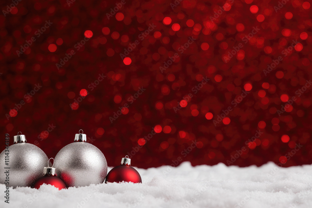 Silver baubles resting on snow, vibrant red sparkle background, festive atmosphere, ideal for holiday themes and seasonal greetings. Silver baubles resting on snow, vibrant red sparkle background, festive atmosphere, ideal for holiday themes and seasonal greetings.