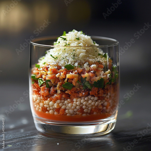 A luxurious transparent glass elegantly layered with homemade eggplant caviar at the base.