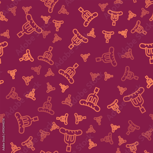 Brown line Sausage on the fork icon isolated seamless pattern on red background. Grilled sausage and aroma sign. Vector