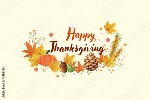 A festive Thanksgiving design with leaves, pumpkins, and other autumn elements