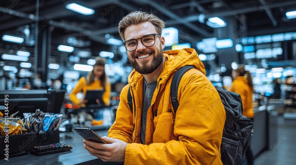 Obraz premium Joyful Male Customer Engaging with Smartphone in Modern Retail Store Urban Environment Candid Moment Technology Usage