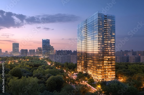 Aerial view of a city at night showcasing a solitary apartment building and office towers with illuminated facades, highlighting the vibrant real estate and commercial districts of the urban skyline.
