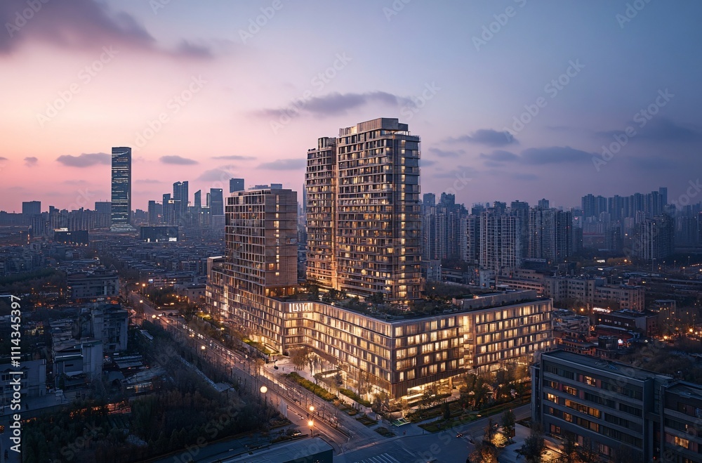 Fototapeta premium Aerial view of a city at night showcasing a solitary apartment building and office towers with illuminated facades, highlighting the vibrant real estate and commercial districts of the urban skyline.