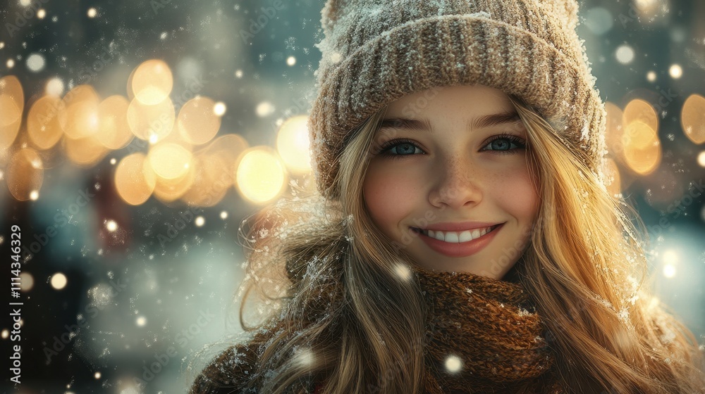 Beautiful girl with long blonde hair smiling warmly in a winter cityscape, capturing the essence of joy and seasonal cheer Beautiful girl with long blonde hair smiling warmly in a winter cityscape, capturing the essence of joy and seasonal cheer