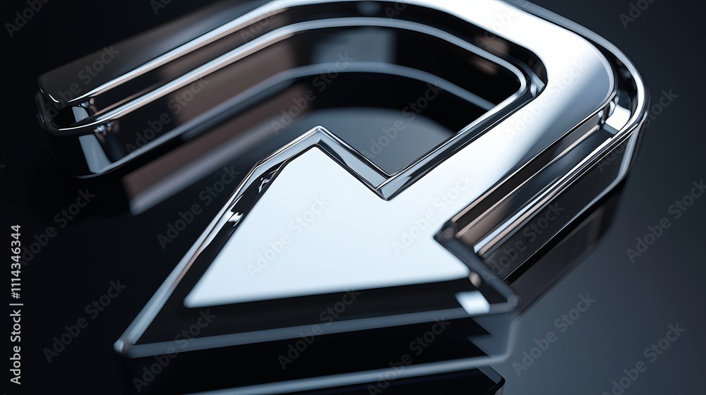 A shiny chrome arrow symbol reflecting light on a dark surface. A shiny chrome arrow symbol reflecting light on a dark surface.