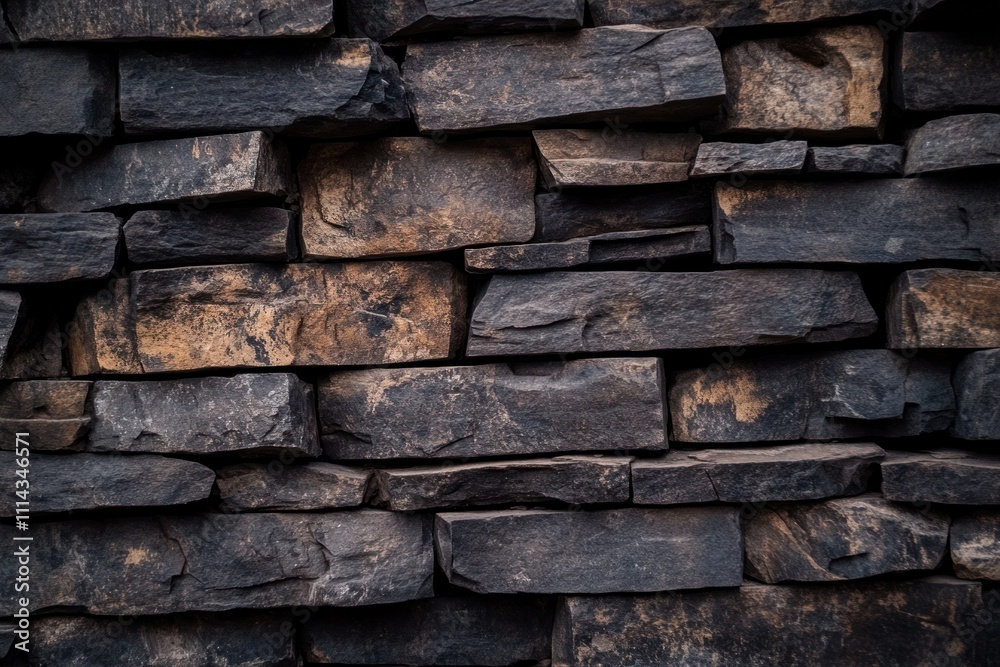 Naklejka premium Rustic black stacked stone wall with weathered texture