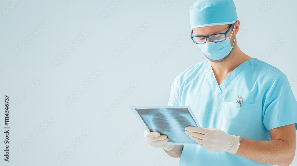 Healthcare professional analyzing x-ray in clinical setting for diagnosing patient conditions
