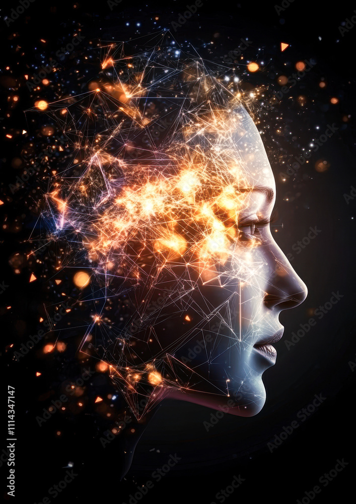 A woman's face is shown with a lot of glowing lines and dots A woman's face is shown with a lot of glowing lines and dots