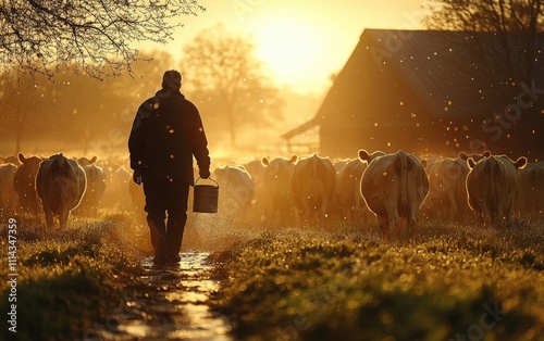 Golden Hour on the Farm: A farmer replenishes a water trough for his cattle as the sun sets, casting a warm glow across the idyllic scene.