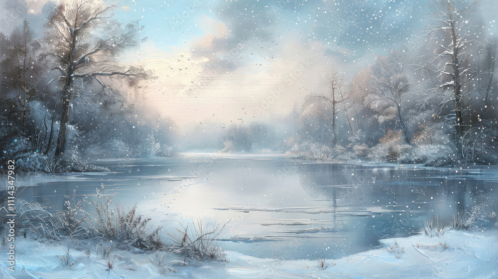 Fototapeta premium Peaceful frozen lake surrounded by snowy banks and trees, with a soft mist hanging above