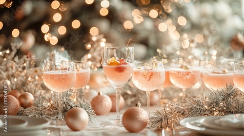 Elegant holiday drinks with subtle pastel-colored garnishes, arranged on a minimalist table setting with delicate lighting