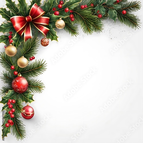 Christmas Branches Border with Christmas Decorations on Transparent Background