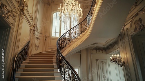 Grand Staircase in a Luxurious Parisian Mansion Interior. AI Generated