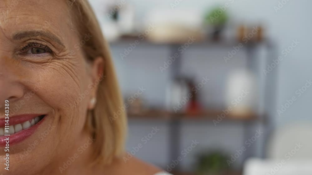 Woman smiling in a spa showcasing a serene, beautiful wellness setting. Woman smiling in a spa showcasing a serene, beautiful wellness setting.
