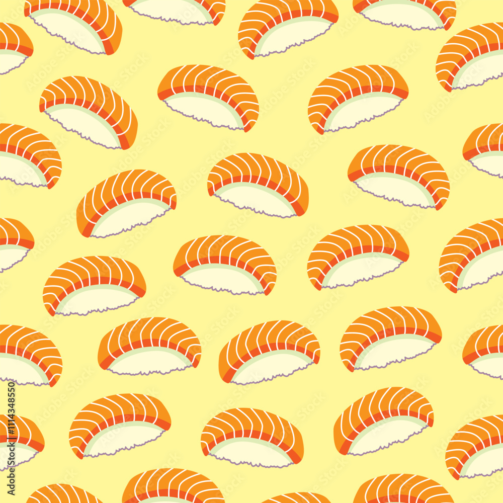 Salmon nigiri sushi seamless pattern background. Japanese food motif wallpaper Salmon nigiri sushi seamless pattern background. Japanese food motif wallpaper