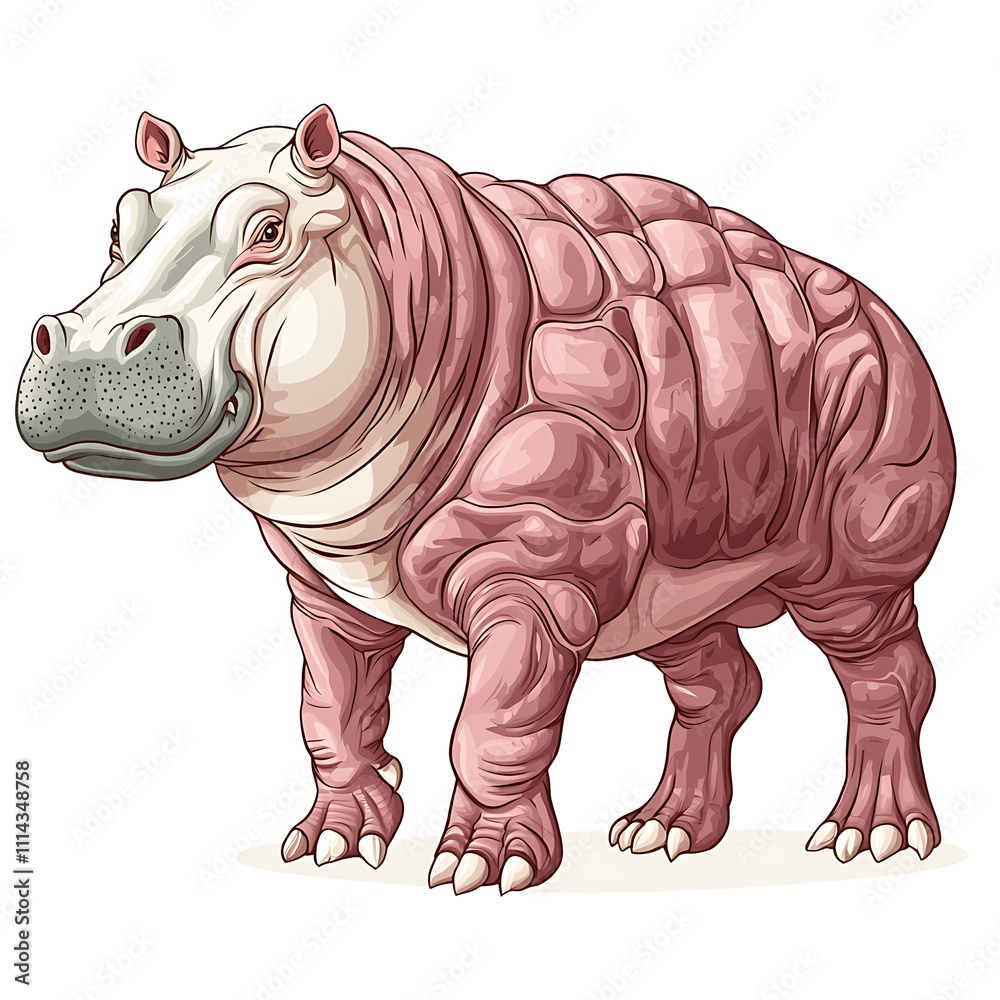 Fototapeta premium A detailed illustration of a hippopotamus, showcasing its textured skin and powerful physique, against a clean white background.